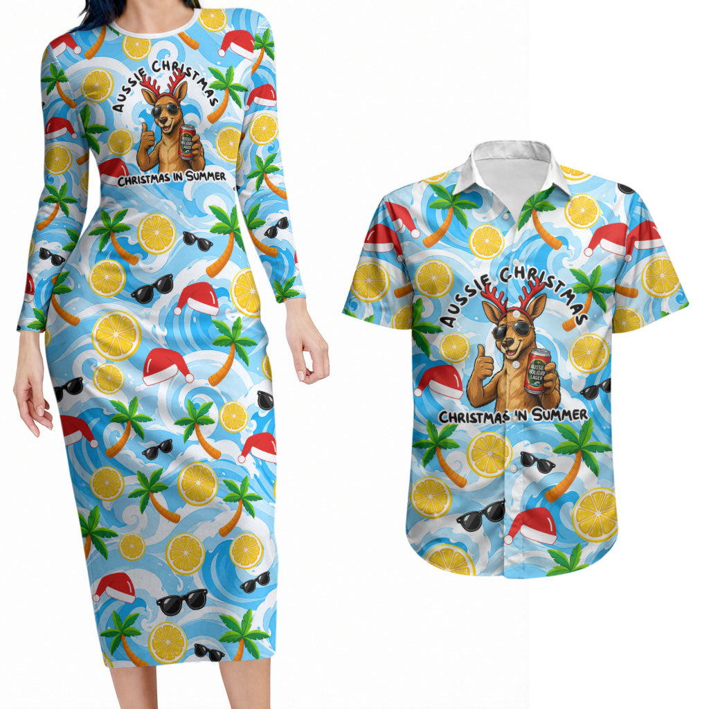 Aussie Christmas In Summer Couples Matching Long Sleeve Bodycon Dress and Hawaiian Shirt Surfing Santa And Kangaroo - Tropical Cartoon Beach