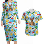 Aussie Christmas In Summer Couples Matching Long Sleeve Bodycon Dress and Hawaiian Shirt Surfing Santa And Kangaroo - Tropical Cartoon Beach