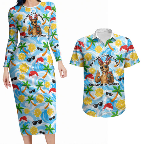 Aussie Christmas In Summer Couples Matching Long Sleeve Bodycon Dress and Hawaiian Shirt Surfing Santa And Kangaroo - Tropical Cartoon Beach