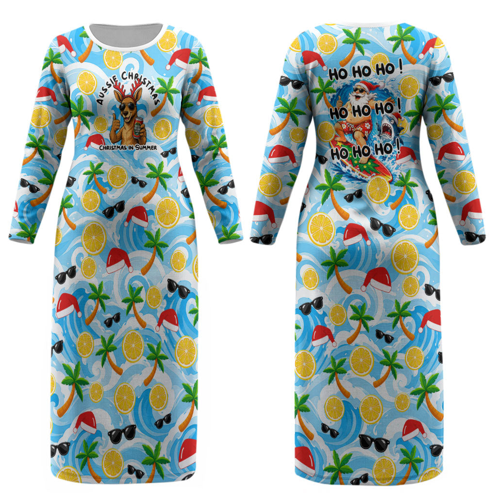 Aussie Christmas In Summer Couples Matching Long Sleeve Bodycon Dress and Hawaiian Shirt Surfing Santa And Kangaroo - Tropical Cartoon Beach