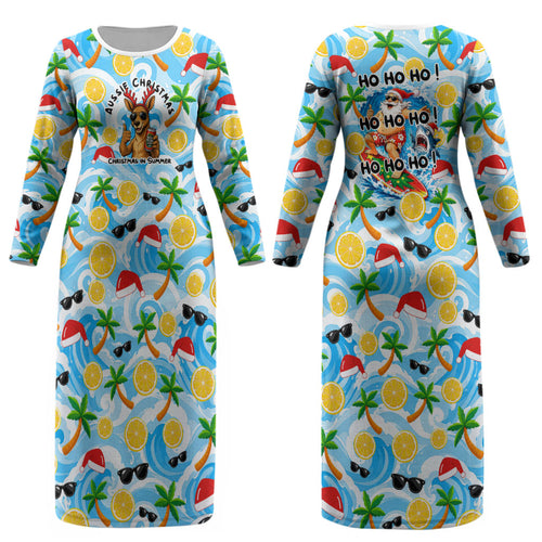 Aussie Christmas In Summer Couples Matching Long Sleeve Bodycon Dress and Hawaiian Shirt Surfing Santa And Kangaroo - Tropical Cartoon Beach