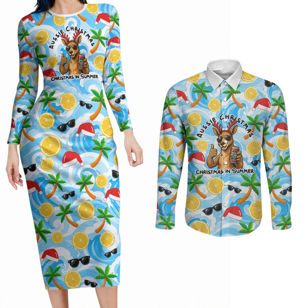 Aussie Christmas In Summer Couples Matching Long Sleeve Bodycon Dress and Long Sleeve Button Shirt Surfing Santa And Kangaroo - Tropical Cartoon Beach