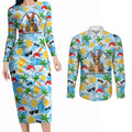 Aussie Christmas In Summer Couples Matching Long Sleeve Bodycon Dress and Long Sleeve Button Shirt Surfing Santa And Kangaroo - Tropical Cartoon Beach