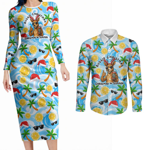 Aussie Christmas In Summer Couples Matching Long Sleeve Bodycon Dress and Long Sleeve Button Shirt Surfing Santa And Kangaroo - Tropical Cartoon Beach