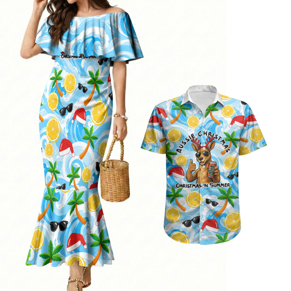 Aussie Christmas In Summer Couples Matching Mermaid Dress and Hawaiian Shirt Surfing Santa And Kangaroo - Tropical Cartoon Beach