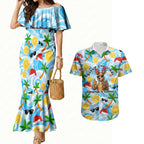 Aussie Christmas In Summer Couples Matching Mermaid Dress and Hawaiian Shirt Surfing Santa And Kangaroo - Tropical Cartoon Beach