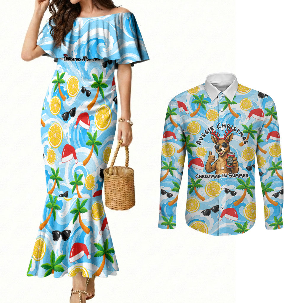 Aussie Christmas In Summer Couples Matching Mermaid Dress and Long Sleeve Button Shirt Surfing Santa And Kangaroo - Tropical Cartoon Beach