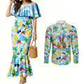 Aussie Christmas In Summer Couples Matching Mermaid Dress and Long Sleeve Button Shirt Surfing Santa And Kangaroo - Tropical Cartoon Beach