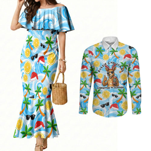 Aussie Christmas In Summer Couples Matching Mermaid Dress and Long Sleeve Button Shirt Surfing Santa And Kangaroo - Tropical Cartoon Beach