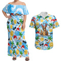 Aussie Christmas In Summer Couples Matching Off Shoulder Maxi Dress and Hawaiian Shirt Surfing Santa And Kangaroo - Tropical Cartoon Beach