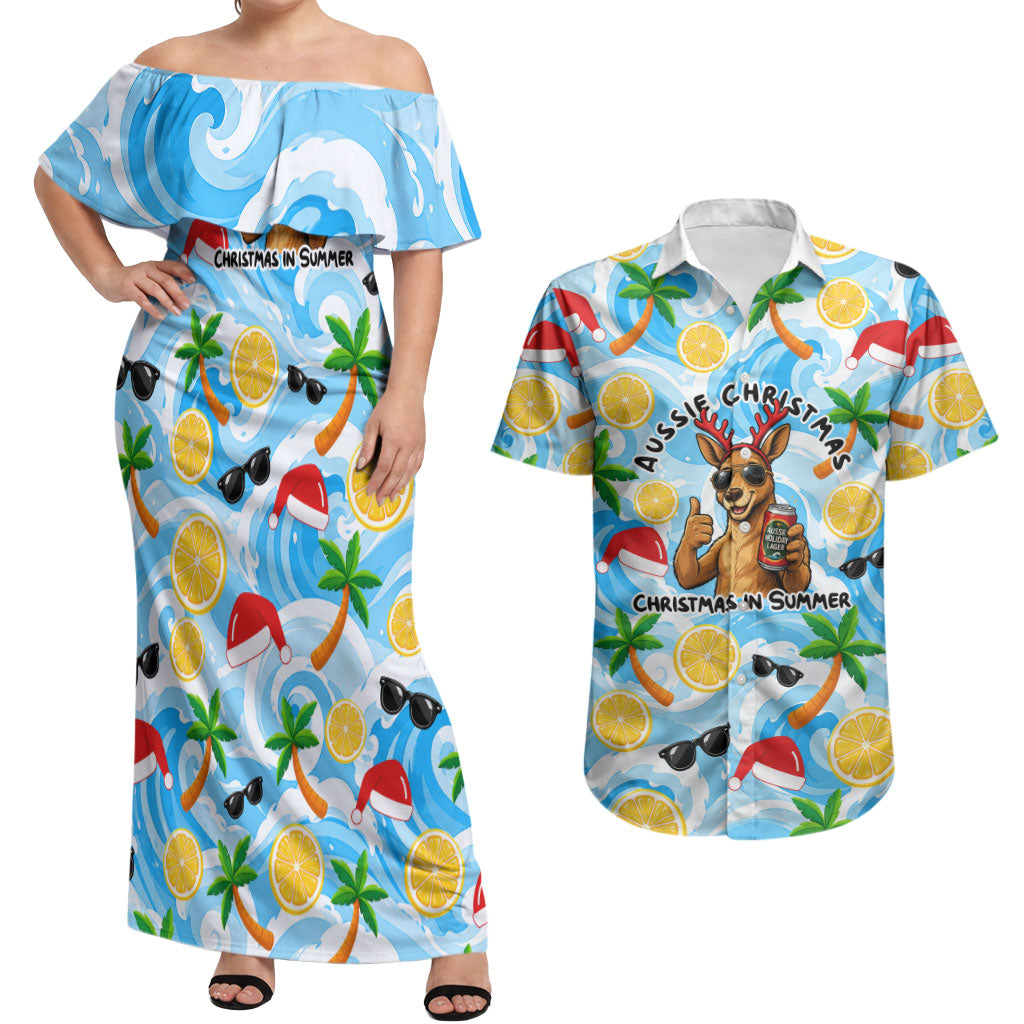 Aussie Christmas In Summer Couples Matching Off Shoulder Maxi Dress and Hawaiian Shirt Surfing Santa And Kangaroo - Tropical Cartoon Beach