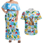 Aussie Christmas In Summer Couples Matching Off Shoulder Maxi Dress and Hawaiian Shirt Surfing Santa And Kangaroo - Tropical Cartoon Beach