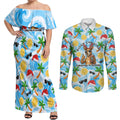 Aussie Christmas In Summer Couples Matching Off Shoulder Maxi Dress and Long Sleeve Button Shirt Surfing Santa And Kangaroo - Tropical Cartoon Beach