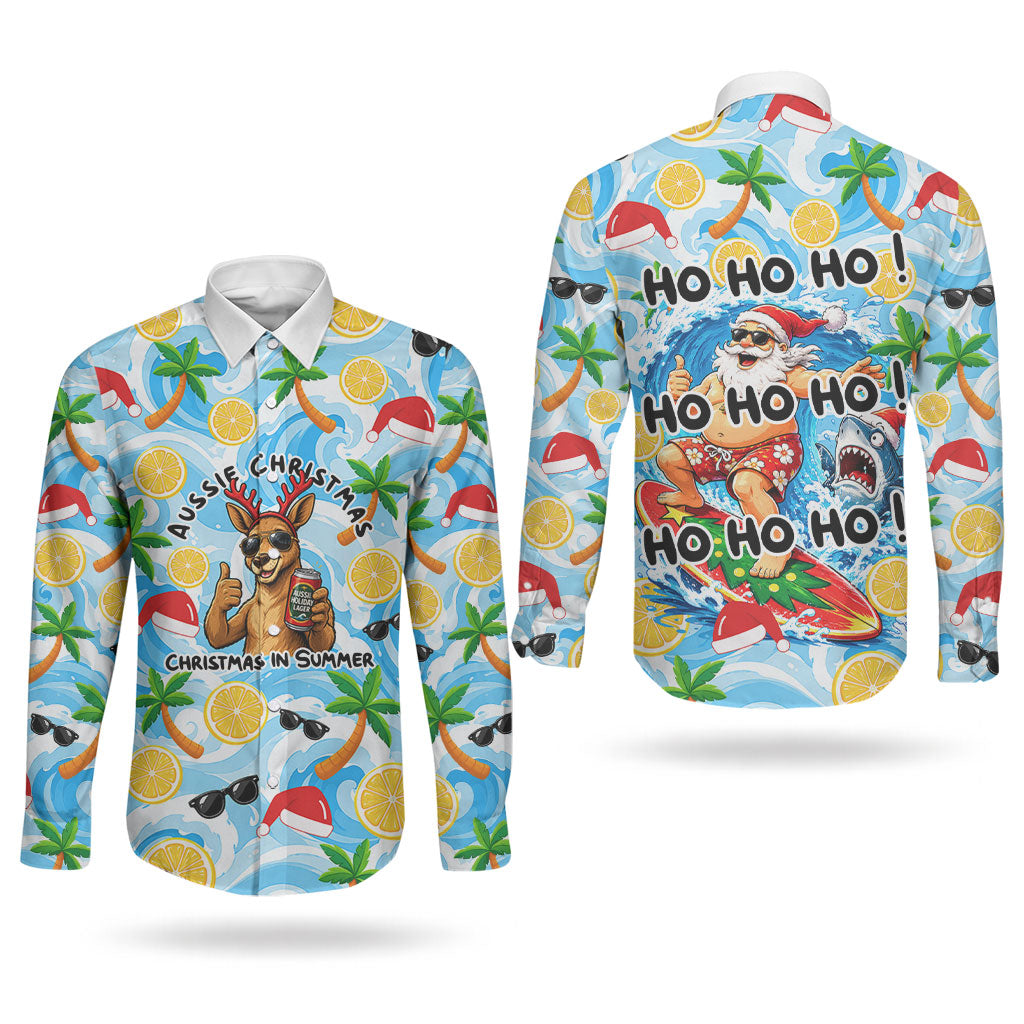 Aussie Christmas In Summer Couples Matching Off Shoulder Maxi Dress and Long Sleeve Button Shirt Surfing Santa And Kangaroo - Tropical Cartoon Beach