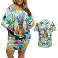 Aussie Christmas In Summer Couples Matching Off Shoulder Short Dress and Hawaiian Shirt Surfing Santa And Kangaroo - Tropical Cartoon Beach