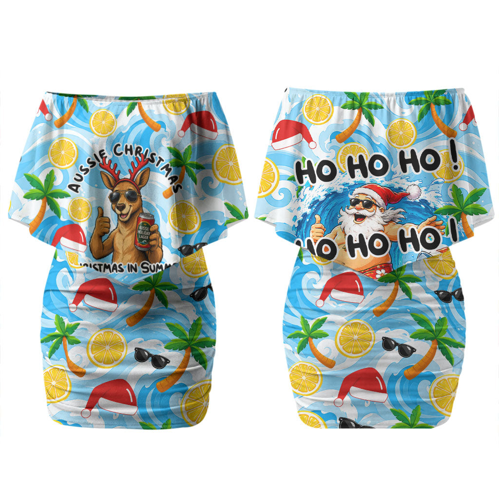 Aussie Christmas In Summer Couples Matching Off Shoulder Short Dress and Hawaiian Shirt Surfing Santa And Kangaroo - Tropical Cartoon Beach