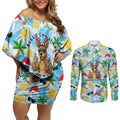 Aussie Christmas In Summer Couples Matching Off Shoulder Short Dress and Long Sleeve Button Shirt Surfing Santa And Kangaroo - Tropical Cartoon Beach