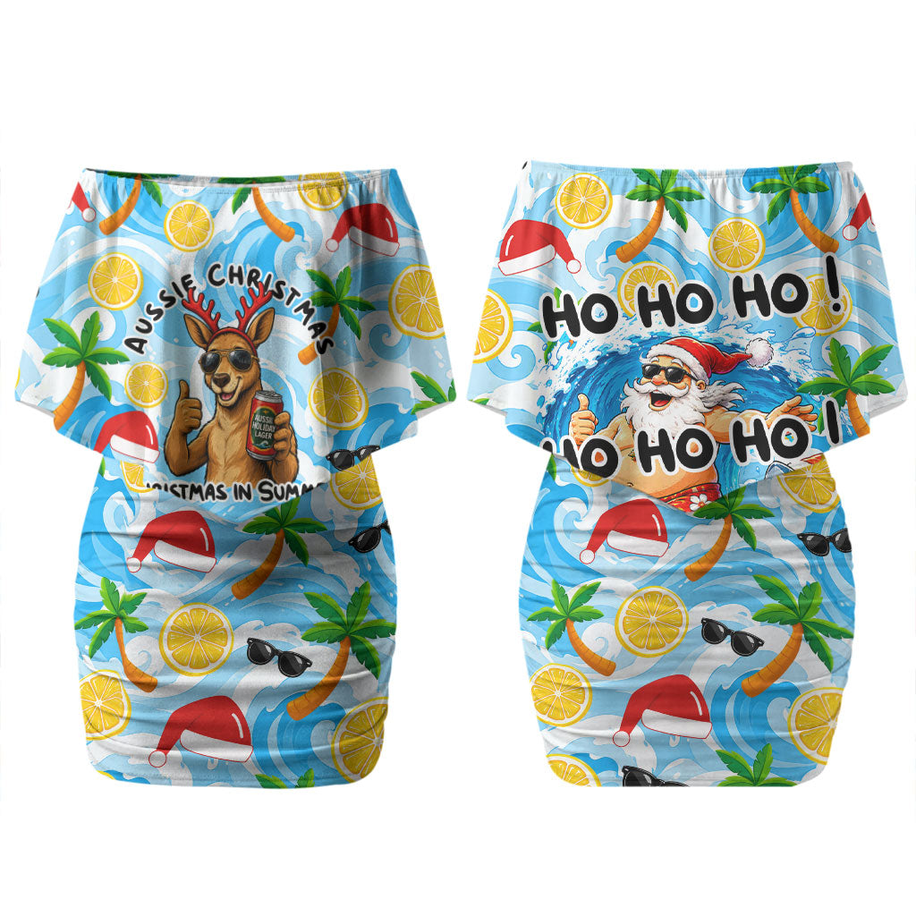 Aussie Christmas In Summer Couples Matching Off Shoulder Short Dress and Long Sleeve Button Shirt Surfing Santa And Kangaroo - Tropical Cartoon Beach
