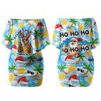 Aussie Christmas In Summer Couples Matching Off Shoulder Short Dress and Long Sleeve Button Shirt Surfing Santa And Kangaroo - Tropical Cartoon Beach