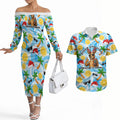 Aussie Christmas In Summer Couples Matching Off The Shoulder Long Sleeve Dress and Hawaiian Shirt Surfing Santa And Kangaroo - Tropical Cartoon Beach