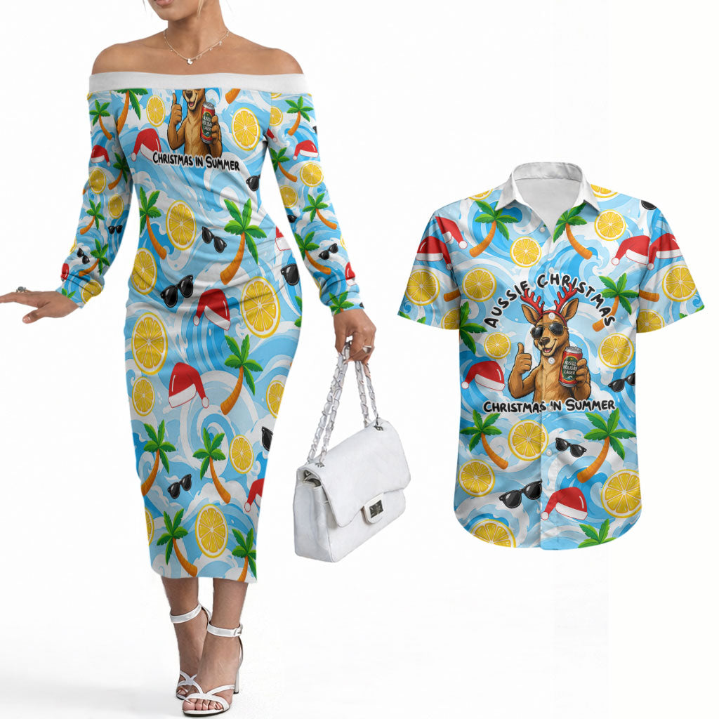 Aussie Christmas In Summer Couples Matching Off The Shoulder Long Sleeve Dress and Hawaiian Shirt Surfing Santa And Kangaroo - Tropical Cartoon Beach