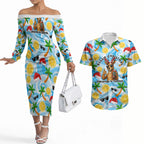 Aussie Christmas In Summer Couples Matching Off The Shoulder Long Sleeve Dress and Hawaiian Shirt Surfing Santa And Kangaroo - Tropical Cartoon Beach