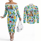 Aussie Christmas In Summer Couples Matching Off The Shoulder Long Sleeve Dress and Long Sleeve Button Shirt Surfing Santa And Kangaroo - Tropical Cartoon Beach