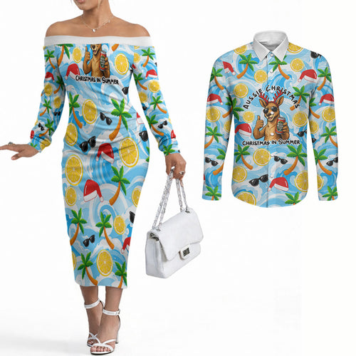 Aussie Christmas In Summer Couples Matching Off The Shoulder Long Sleeve Dress and Long Sleeve Button Shirt Surfing Santa And Kangaroo - Tropical Cartoon Beach