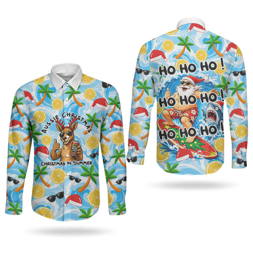 Aussie Christmas In Summer Couples Matching Off The Shoulder Long Sleeve Dress and Long Sleeve Button Shirt Surfing Santa And Kangaroo - Tropical Cartoon Beach
