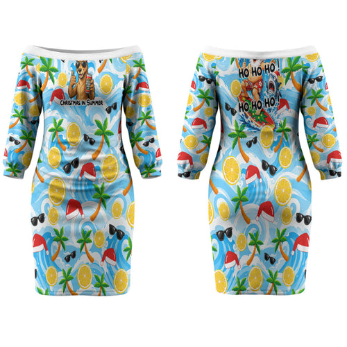 Aussie Christmas In Summer Couples Matching Off The Shoulder Long Sleeve Dress and Long Sleeve Button Shirt Surfing Santa And Kangaroo - Tropical Cartoon Beach