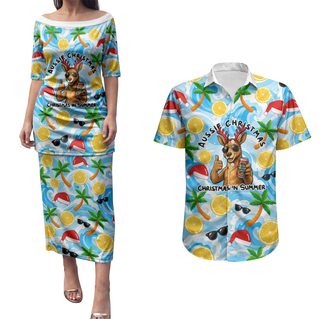 Aussie Christmas In Summer Couples Matching Puletasi and Hawaiian Shirt Surfing Santa And Kangaroo - Tropical Cartoon Beach