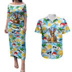Aussie Christmas In Summer Couples Matching Puletasi and Hawaiian Shirt Surfing Santa And Kangaroo - Tropical Cartoon Beach