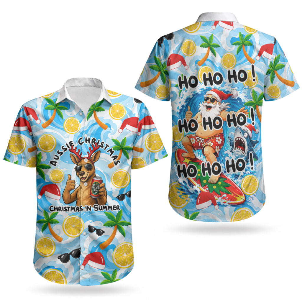 Aussie Christmas In Summer Couples Matching Puletasi and Hawaiian Shirt Surfing Santa And Kangaroo - Tropical Cartoon Beach