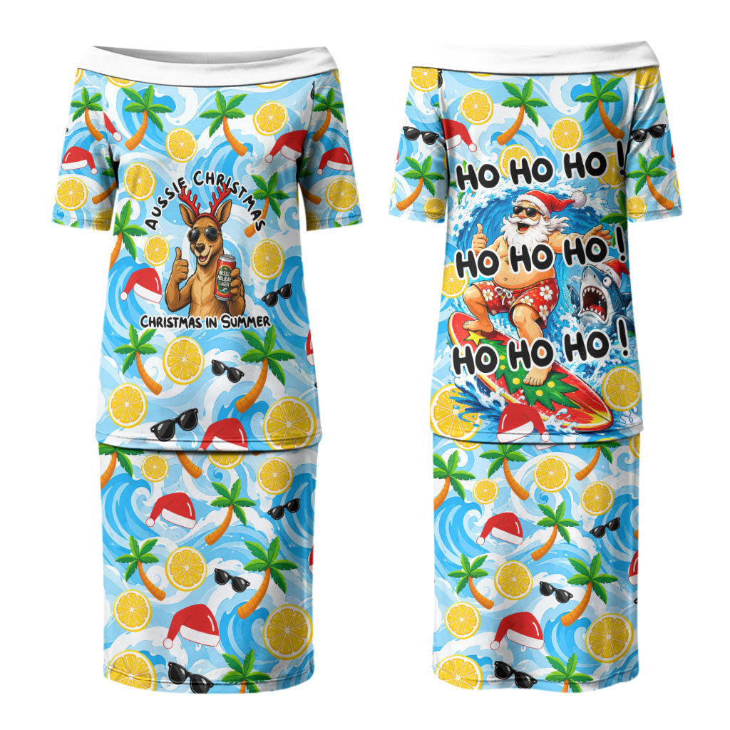 Aussie Christmas In Summer Couples Matching Puletasi and Hawaiian Shirt Surfing Santa And Kangaroo - Tropical Cartoon Beach