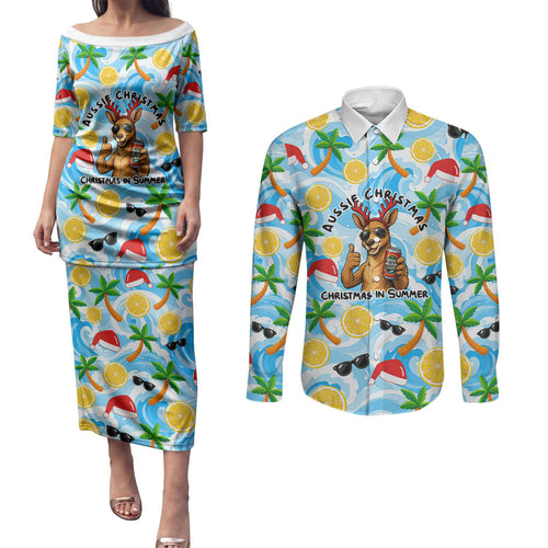 Aussie Christmas In Summer Couples Matching Puletasi and Long Sleeve Button Shirt Surfing Santa And Kangaroo - Tropical Cartoon Beach