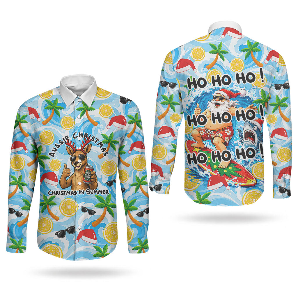 Aussie Christmas In Summer Couples Matching Puletasi and Long Sleeve Button Shirt Surfing Santa And Kangaroo - Tropical Cartoon Beach