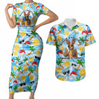 Aussie Christmas In Summer Couples Matching Short Sleeve Bodycon Dress and Hawaiian Shirt Surfing Santa And Kangaroo - Tropical Cartoon Beach