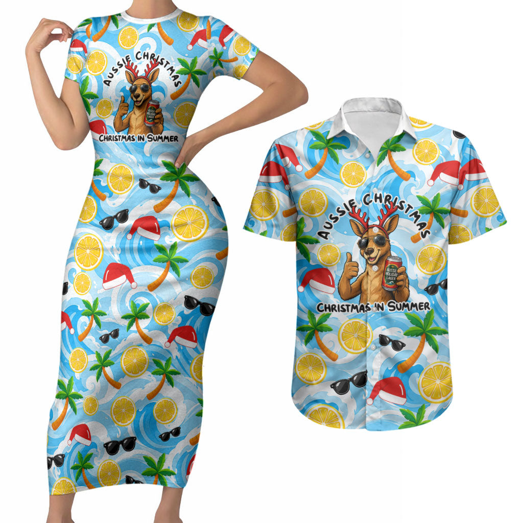 Aussie Christmas In Summer Couples Matching Short Sleeve Bodycon Dress and Hawaiian Shirt Surfing Santa And Kangaroo - Tropical Cartoon Beach