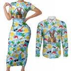 Aussie Christmas In Summer Couples Matching Short Sleeve Bodycon Dress and Long Sleeve Button Shirt Surfing Santa And Kangaroo - Tropical Cartoon Beach
