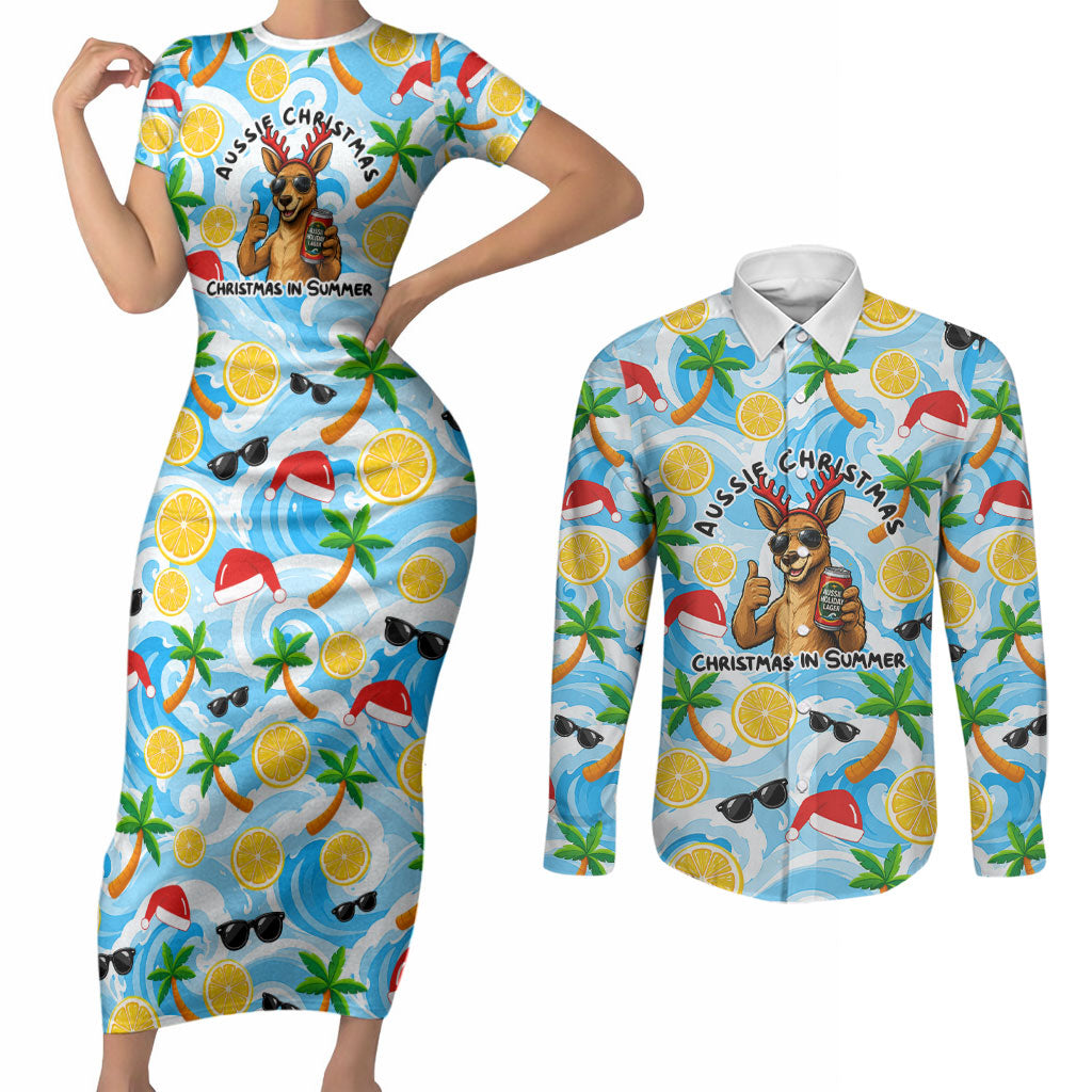 Aussie Christmas In Summer Couples Matching Short Sleeve Bodycon Dress and Long Sleeve Button Shirt Surfing Santa And Kangaroo - Tropical Cartoon Beach