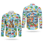 Aussie Christmas In Summer Couples Matching Short Sleeve Bodycon Dress and Long Sleeve Button Shirt Surfing Santa And Kangaroo - Tropical Cartoon Beach