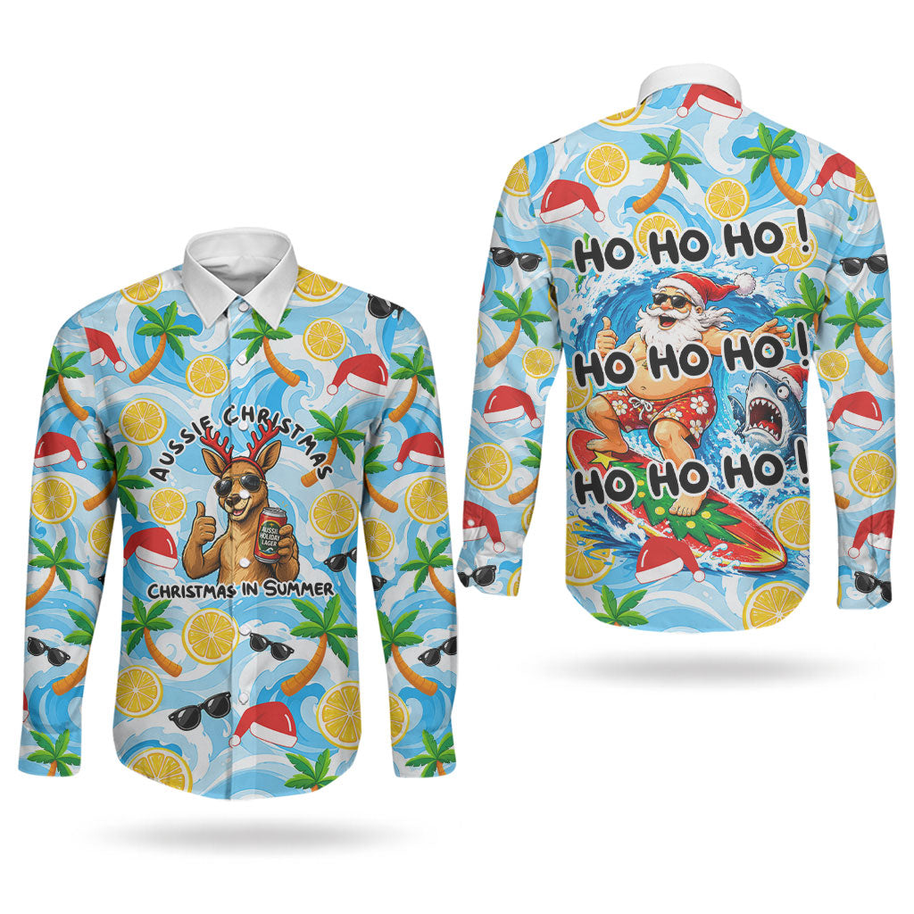 Aussie Christmas In Summer Couples Matching Short Sleeve Bodycon Dress and Long Sleeve Button Shirt Surfing Santa And Kangaroo - Tropical Cartoon Beach