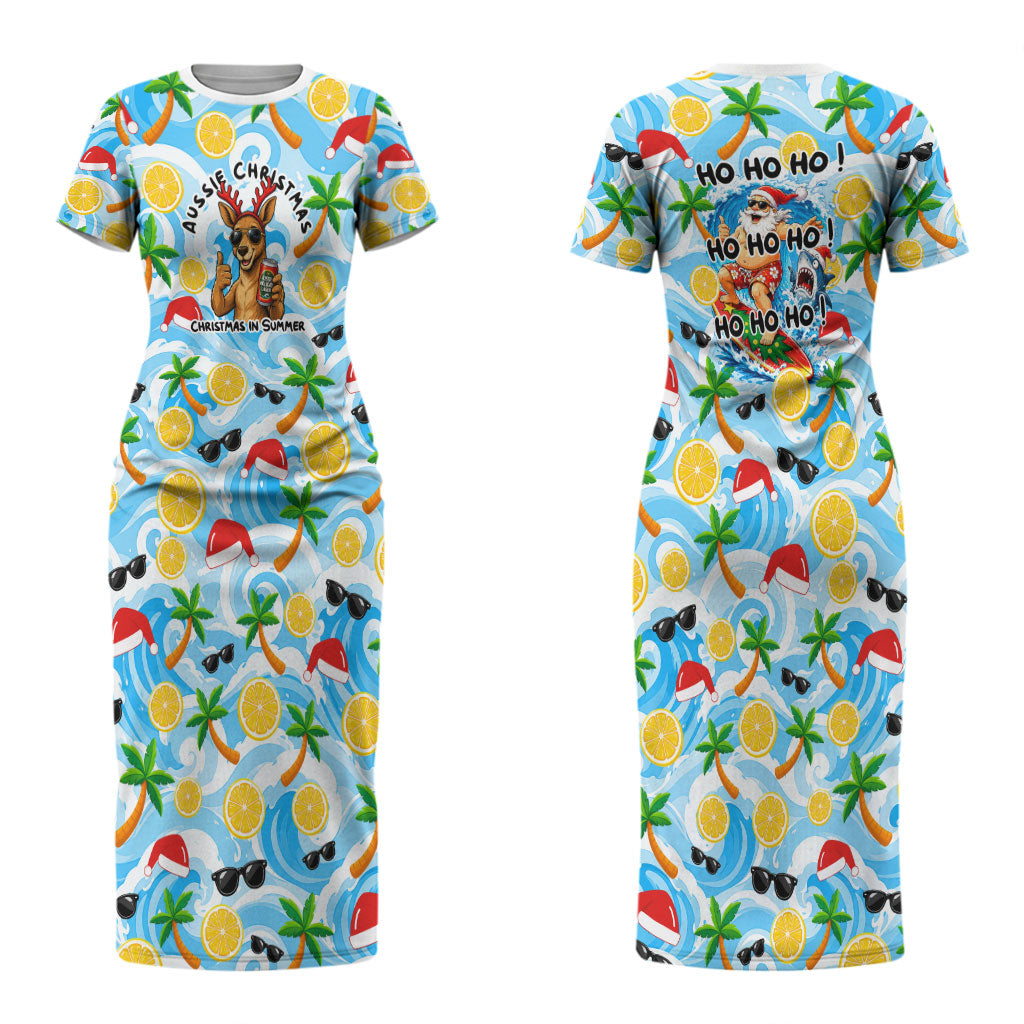 Aussie Christmas In Summer Couples Matching Short Sleeve Bodycon Dress and Long Sleeve Button Shirt Surfing Santa And Kangaroo - Tropical Cartoon Beach