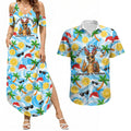 Aussie Christmas In Summer Couples Matching Summer Maxi Dress and Hawaiian Shirt Surfing Santa And Kangaroo - Tropical Cartoon Beach