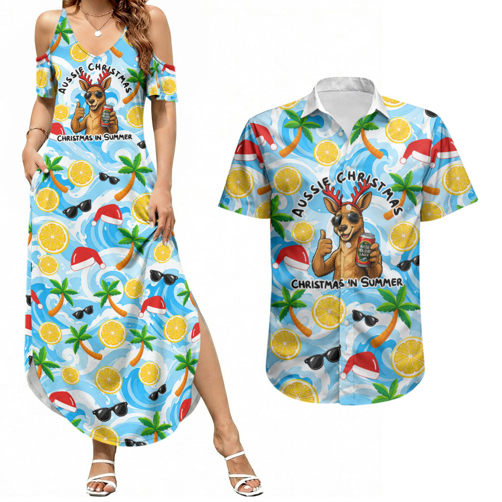 Aussie Christmas In Summer Couples Matching Summer Maxi Dress and Hawaiian Shirt Surfing Santa And Kangaroo - Tropical Cartoon Beach