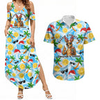 Aussie Christmas In Summer Couples Matching Summer Maxi Dress and Hawaiian Shirt Surfing Santa And Kangaroo - Tropical Cartoon Beach