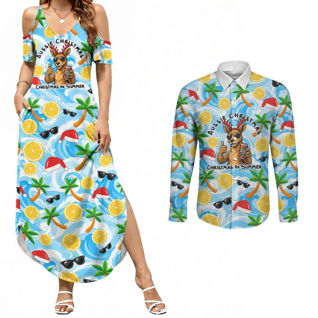 Aussie Christmas In Summer Couples Matching Summer Maxi Dress and Long Sleeve Button Shirt Surfing Santa And Kangaroo - Tropical Cartoon Beach