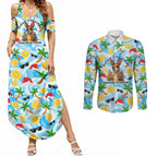 Aussie Christmas In Summer Couples Matching Summer Maxi Dress and Long Sleeve Button Shirt Surfing Santa And Kangaroo - Tropical Cartoon Beach
