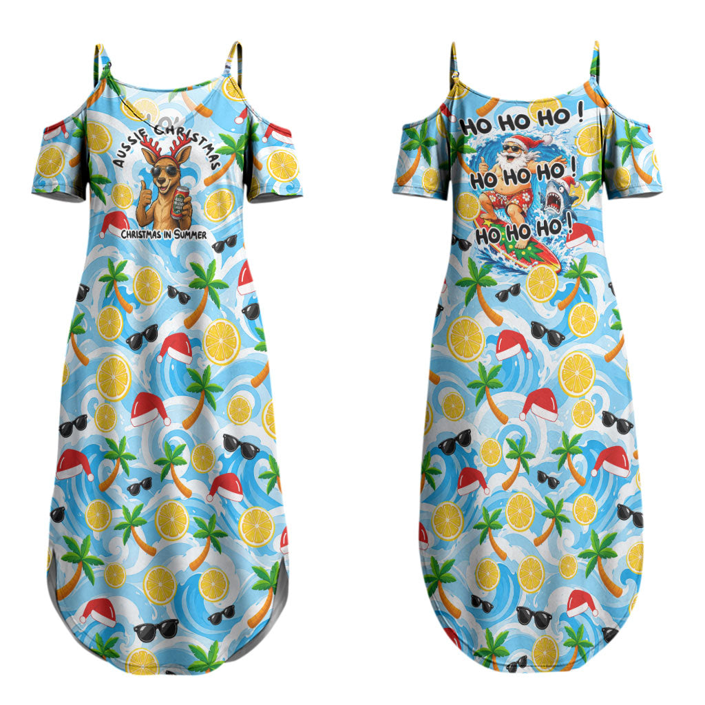 Aussie Christmas In Summer Couples Matching Summer Maxi Dress and Long Sleeve Button Shirt Surfing Santa And Kangaroo - Tropical Cartoon Beach