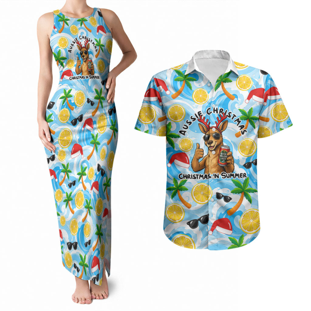 Aussie Christmas In Summer Couples Matching Tank Maxi Dress and Hawaiian Shirt Surfing Santa And Kangaroo - Tropical Cartoon Beach